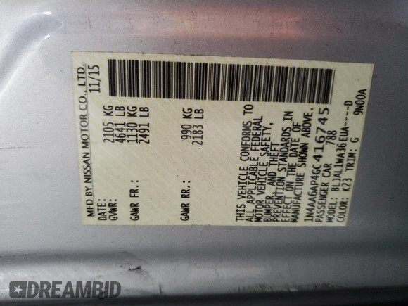 2016 Nissan Maxima SL with VIN 1N4AA6AP4GC416745, listed as a Copart auction lot 52789885 with 107,102 mi miles and Salvage Title. Bid and sale history available at DreamBid. Image 12.