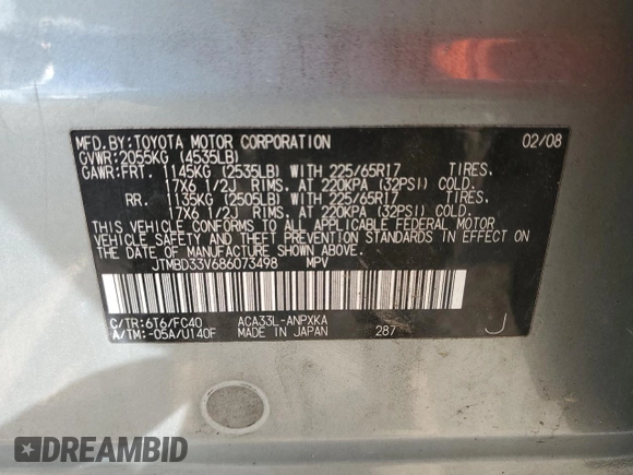 2008 Toyota RAV4 with VIN JTMBD33V686073498, listed as a Copart auction lot 79292244 with 0 mi miles and Non Repairable. Bid and sale history available at carsss.com. Image 13.