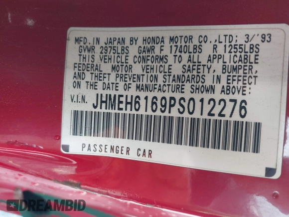 1993 Honda del Sol Si with VIN JHMEH6169PS012276, listed as a IAAI auction lot 41797595 with 169,001 mi miles. Bid and sale history available at carsss.com. Image 9.