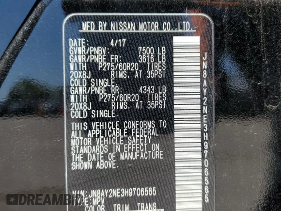 2017 Nissan Armada Platinum with VIN JN8AY2NE3H9706565, listed as a Copart auction lot 52124855 with 126,592 mi miles and Clean Title. Bid and sale history available at carsss.com. Image 13.