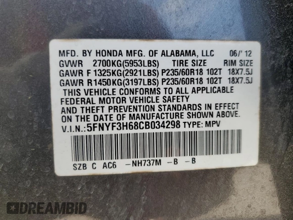 2012 Honda Pilot EX-L with VIN 5FNYF3H68CB034298, listed as a Copart auction lot 53504215 with 160,352 mi miles and Salvage title. Bid and sale history available at DreamBid. Image 14.