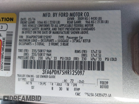 2017 Ford Fusion SE with VIN 3FA6P0H75HR125097, listed as a IAAI auction lot 41441229 with 112,160 mi miles. Bid and sale history available at carsss.com. Image 9.