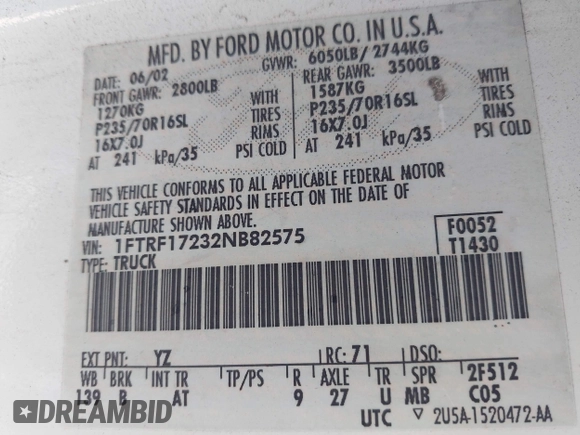 2002 Ford F-150 XL with VIN 1FTRF17232NB82575, listed as a IAAI auction lot 42276991 with 170,668 mi miles and . Bid and sale history available at DreamBid. Image 9.