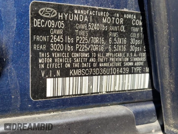 2006 Hyundai Santa Fe GLS with VIN KM8SC73D36U101439, listed as a Copart auction lot 70234054 with 0 mi miles and Salvage Title. Bid and sale history available at carsss.com. Image 12.