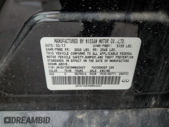 2017 Infiniti Q50 Signature Edition with VIN JN1EV7AR3HM840407, listed as a Copart auction lot 59812325 with 153,709 mi miles and Salvage title. Bid and sale history available at DreamBid. Image 12.
