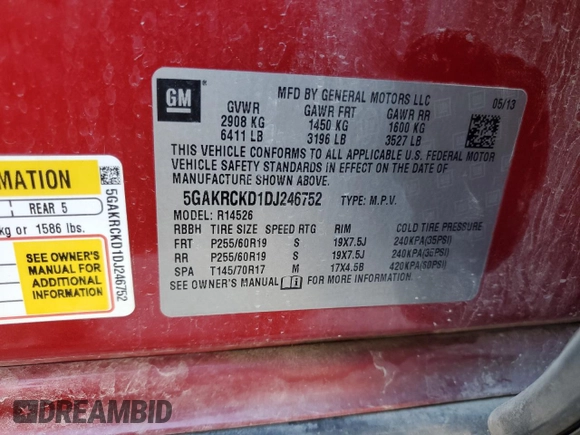 2013 Buick Enclave Leather with VIN 5GAKRCKD1DJ246752, listed as a Copart auction lot 47741535 with 171,009 mi miles and Salvage Title. Bid and sale history available at carsss.com. Image 15.