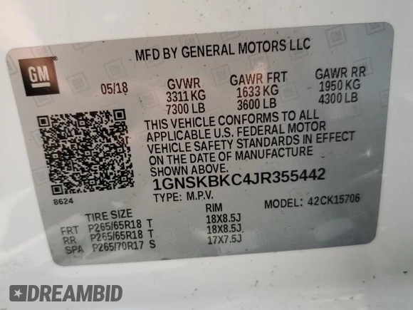 2018 Chevrolet Tahoe LT с VIN 1GNSKBKC4JR355442, выставлен на аукционе Copart как лот 56552525 с пробегом 107 797 миль миль и Списание • Salvage title. История ставок и продаж доступна на DreamBid. Изображение 13.