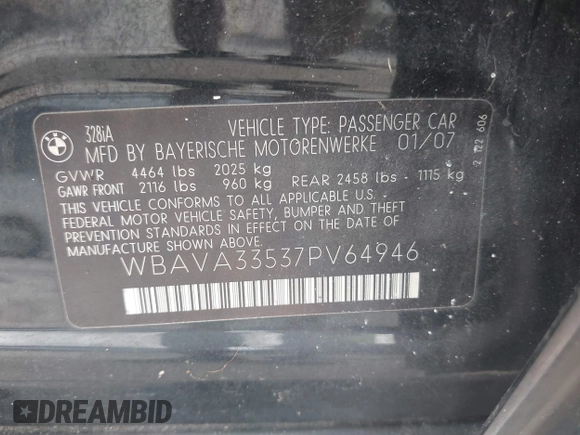 2007 BMW 3 Series 328i with VIN WBAVA33537PV64946, listed as a IAAI auction lot 42257417 with 134,185 mi miles and . Bid and sale history available at DreamBid. Image 9.