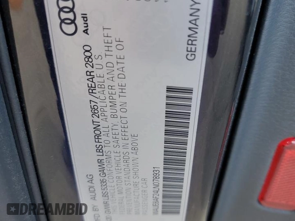 2020 Audi A6 Premium Plus with VIN WAUE8AF24LN078931, listed as a Copart auction lot 75768544 with 49,682 mi miles and Salvage Title. Bid and sale history available at carsss.com. Image 12.