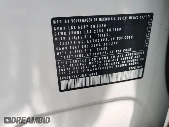 2018 Volkswagen Tiguan S z VIN 3VV1B7AX1JM072635, wystawiony jako Copart lot #58413425 z przebiegiem 79 514 mil mil oraz Szkoda całkowita • Salvage title. Historia ofert i sprzedaży dostępna na DreamBid. Obrazek 13.
