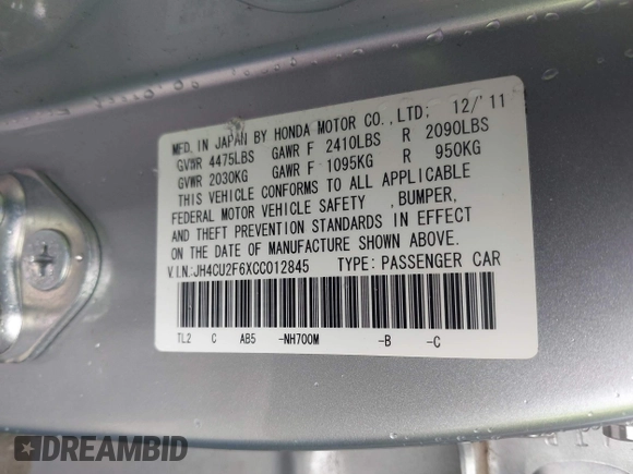 2012 Acura TSX Technology with VIN JH4CU2F6XCC012845, listed as a IAAI auction lot 42304391 with 69,873 mi miles and . Bid and sale history available at DreamBid. Image 9.