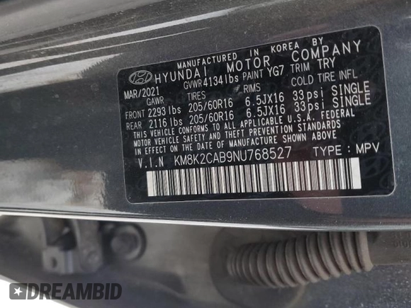 2022 Hyundai Kona SE with VIN KM8K2CAB9NU768527, listed as a Copart auction lot 43721125 with 76,231 mi miles and Salvage Title. Bid and sale history available at carsss.com. Image 13.