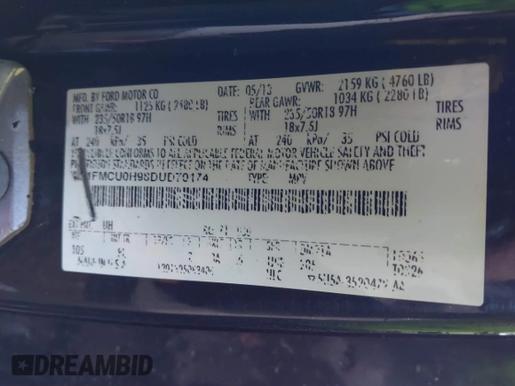 2013 Ford Escape SEL with VIN 1FMCU0H98DUD70174, listed as a IAAI auction lot 41675596 with 1 mi miles. Bid and sale history available at carsss.com. Image 9.
