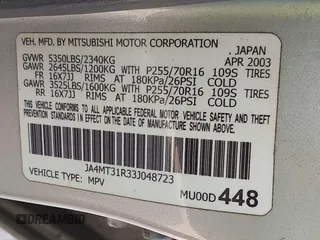 2003 Mitsubishi Montero XLS z VIN JA4MT31R33J048723, wystawiony jako IAAI lot #42439332 z przebiegiem 185 593 mil mil oraz . Historia ofert i sprzedaży dostępna na DreamBid. Obrazek 9.