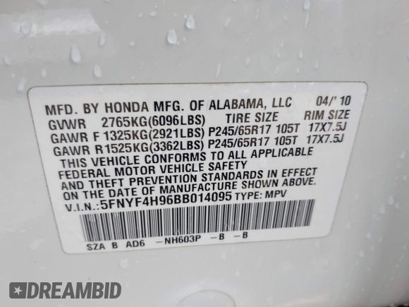2011 Honda Pilot Touring with VIN 5FNYF4H96BB014095, listed as a IAAI auction lot 41794052 with 202,440 mi miles and . Bid and sale history available at DreamBid. Image 9.