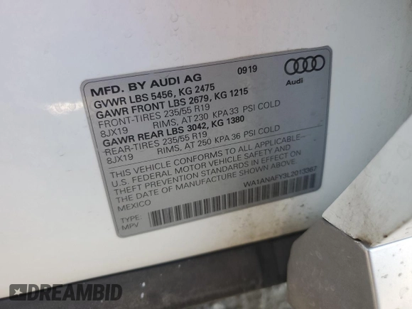 2020 Audi Q5 Premium z VIN WA1ANAFY3L2013367, wystawiony jako Copart lot #57328025 z przebiegiem Nie podano mil oraz Szkoda całkowita • Salvage title. Historia ofert i sprzedaży dostępna na DreamBid. Obrazek 12.