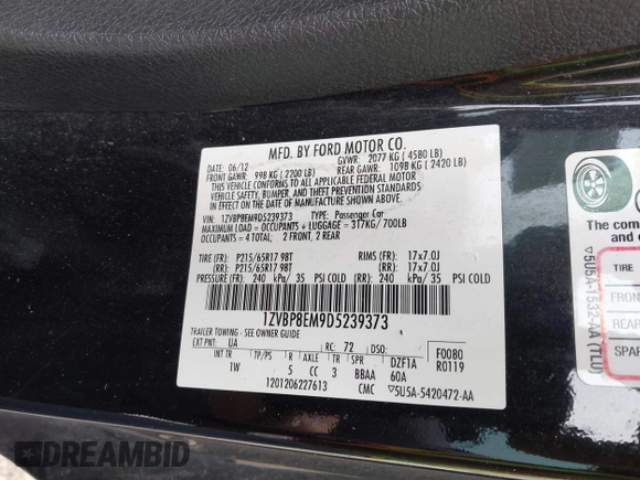 2013 Ford Mustang V6 with VIN 1ZVBP8EM9D5239373, listed as a IAAI auction lot 42373631 with 110,821 mi miles and . Bid and sale history available at DreamBid. Image 9.