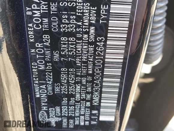 2023 Hyundai Kona N Line with VIN KM8K3CA30PU012643, listed as a Copart auction lot 44437365 with 39,334 mi miles and Salvage Title. Bid and sale history available at carsss.com. Image 14.