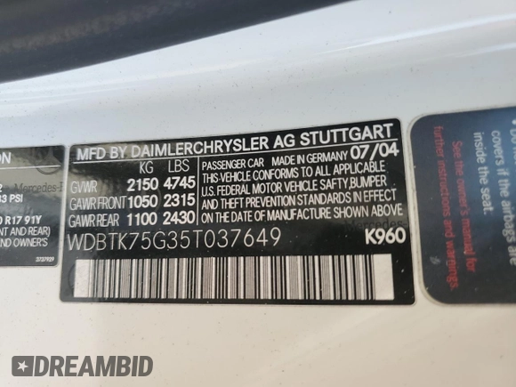 2005 Mercedes-Benz CLK 500 with VIN WDBTK75G35T037649, listed as a Copart auction lot 66212825 with 107,716 mi miles and Salvage title. Bid and sale history available at DreamBid. Image 12.
