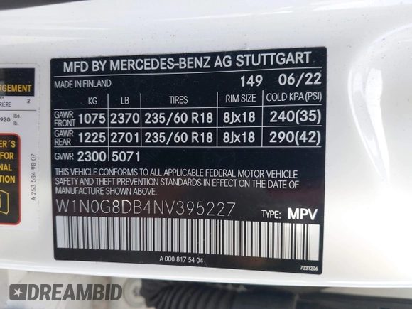 2022 Mercedes-Benz GLC 300 with VIN W1N0G8DB4NV395227, listed as a IAAI auction lot 42214509 with 14,886 mi miles and . Bid and sale history available at DreamBid. Image 9.