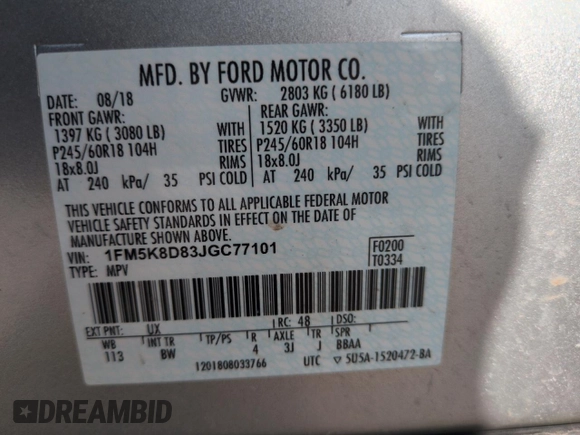 2018 Ford Explorer XLT with VIN 1FM5K8D83JGC77101, listed as a Copart auction lot 51110845 with 94,630 mi miles and Salvage Title. Bid and sale history available at carsss.com. Image 14.
