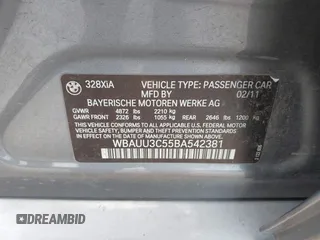 2011 BMW 3 Series 328i xDrive with VIN WBAUU3C55BA542381, listed as a IAAI auction lot 42434842 with 173,946 mi miles and . Bid and sale history available at DreamBid. Image 9.