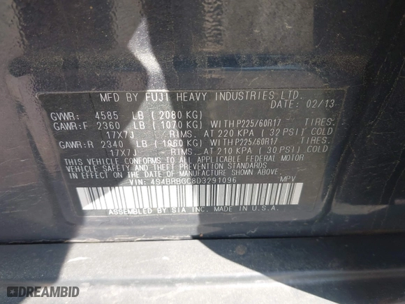 2013 Subaru Outback 2.5i Premium with VIN 4S4BRBGC8D3291096, listed as a IAAI auction lot 41977100 with 176,726 mi miles. Bid and sale history available at carsss.com. Image 9.