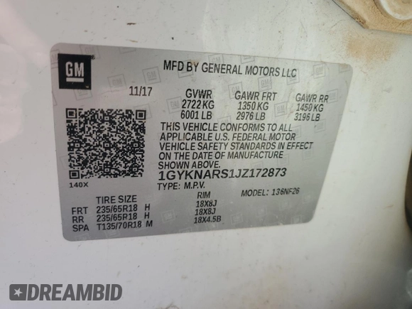2018 Cadillac XT5 FWD with VIN 1GYKNARS1JZ172873, listed as a Copart auction lot 52168115 with 102,133 mi miles and Salvage title. Bid and sale history available at DreamBid. Image 12.