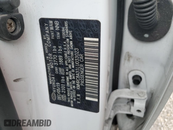 2020 Hyundai Venue SEL with VIN KMHRC8A31LU033023, listed as a Copart auction lot 51805345 with 50,974 mi miles and Salvage Title. Bid and sale history available at DreamBid. Image 15.