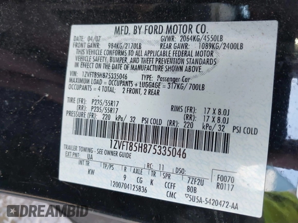 2007 Ford Mustang GT Deluxe with VIN 1ZVFT85H875335046, listed as a IAAI auction lot 41211492 with 108,509 mi miles and . Bid and sale history available at carsss.com. Image 9.