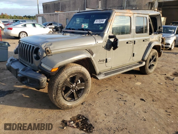 2021 Jeep Wrangler Unlimited Sahara High Altitude with VIN 1C4HJXEG0MW671105, listed as a Copart auction lot 74175244 with 51,610 mi miles and Salvage title. Bid and sale history available at DreamBid. Image 1.