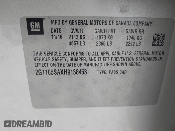 2017 Chevrolet Impala LT with VIN 2G1105SAXH9138453, listed as a IAAI auction lot 42271025 with Not provided miles and . Bid and sale history available at DreamBid. Image 9.