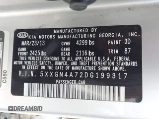 2013 Kia Optima EX with VIN 5XXGN4A72DG199317, listed as a IAAI auction lot 42517407 with 160,402 mi miles and . Bid and sale history available at DreamBid. Image 9.