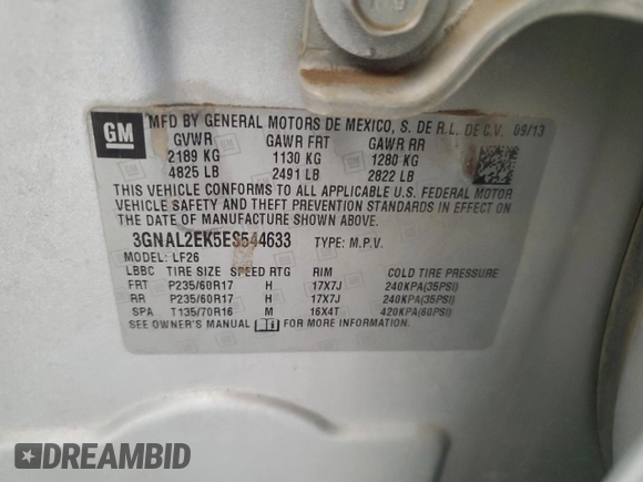 2014 Chevrolet Captiva Sport LS with VIN 3GNAL2EK5ES544633, listed as a Copart auction lot 71859704 with Not Provided miles and Salvage Title. Bid and sale history available at DreamBid. Image 14.