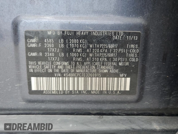 2014 Subaru Outback 2.5i Limited with VIN 4S4BRCPC7E3260915, listed as a Copart auction lot 64567784 with 174,939 mi miles and Salvage Title. Bid and sale history available at carsss.com. Image 13.