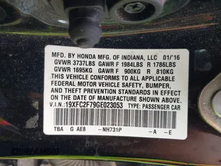 2016 Honda Civic EX with VIN 19XFC2F79GE023053, listed as a IAAI auction lot 41961571 with 136,054 mi miles and . Bid and sale history available at DreamBid. Image 9.