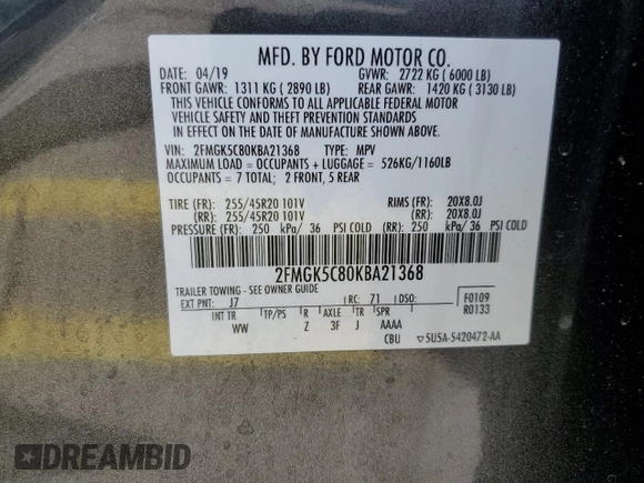 2019 Ford Flex SEL with VIN 2FMGK5C80KBA21368, listed as a Copart auction lot 45317145 with 50,308 mi miles and Salvage Title. Bid and sale history available at carsss.com. Image 13.