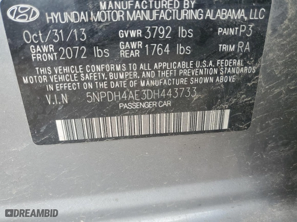 2013 Hyundai Elantra GLS PZEV with VIN 5NPDH4AE3DH443733, listed as a Copart auction lot 50496005 with 135,114 mi miles and Salvage Title. Bid and sale history available at carsss.com. Image 12.