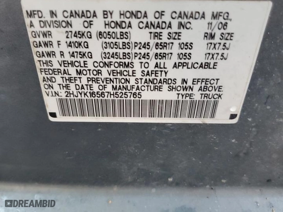 2007 Honda Ridgeline RTL w/Leather with VIN 2HJYK16567H525765, listed as a Copart auction lot 65923024 with 110,011 mi miles and Salvage Title. Bid and sale history available at carsss.com. Image 12.