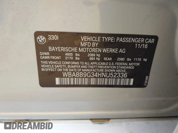 2017 BMW 3 Series 330i with VIN WBA8B9G34HNU52336, listed as a IAAI auction lot 41626509 with 79,786 mi miles. Bid and sale history available at carsss.com. Image 9.