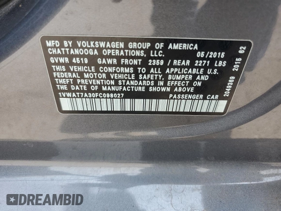 2015 Volkswagen Passat Limited Edition with VIN 1VWAT7A30FC098027, listed as a Copart auction lot 60612055 with 121,208 mi miles and Salvage title. Bid and sale history available at DreamBid. Image 12.