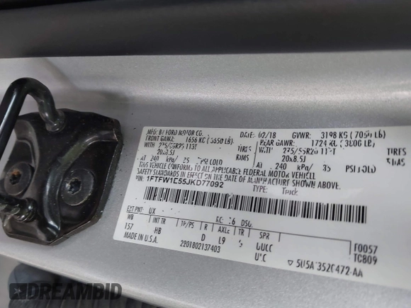 2018 Ford F-150 XL with VIN 1FTFW1E55JKD77092, listed as a IAAI auction lot 41525963 with 134,117 mi miles. Bid and sale history available at carsss.com. Image 9.
