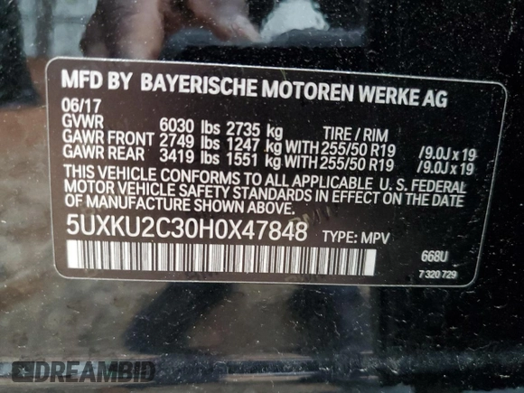 2017 BMW X6 xDrive35i with VIN 5UXKU2C30H0X47848, listed as a Copart auction lot 70291292 with 60,339 mi miles. Bid and sale history available at carsss.com. Image 16.