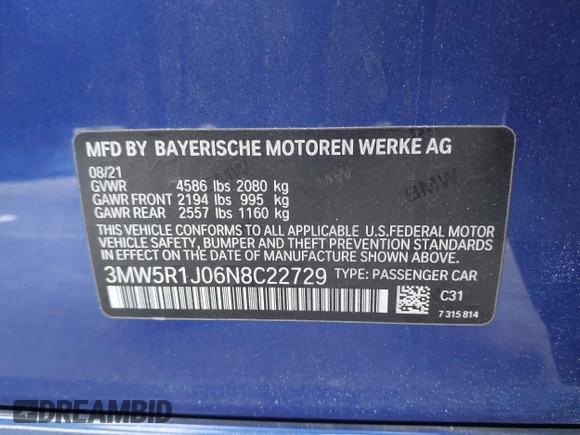 2022 BMW 3 Series 330i with VIN 3MW5R1J06N8C22729, listed as a IAAI auction lot 41450946 with 48,279 mi miles. Bid and sale history available at carsss.com. Image 9.
