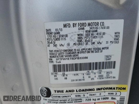 2013 Ford F-150 XL с VIN 1FTFW1ET5DFB33356, выставлен на аукционе Copart как лот 58845135 с пробегом Не указан миль и Списание • Salvage title. История ставок и продаж доступна на DreamBid. Изображение 12.
