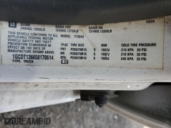2005 Chevrolet Colorado 1SC LS Z85 with VIN 1GCDT136658170614, listed as a Copart auction lot 61416645 with 211,182 mi miles and Clean title. Bid and sale history available at DreamBid. Image 12.