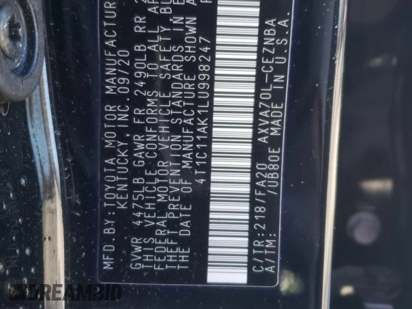 2020 Toyota Camry LE with VIN 4T1C11AK1LU998247, listed as a Copart auction lot 45407415 with 40,819 mi miles and Salvage Title. Bid and sale history available at DreamBid. Image 12.