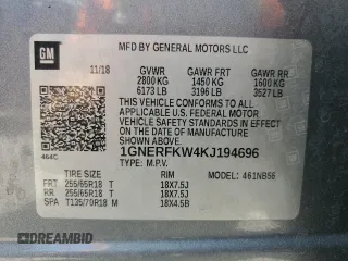 2019 Chevrolet Traverse LS z VIN 1GNERFKW4KJ194696, wystawiony jako Copart lot #51702385 z przebiegiem 129 453 mil mil oraz Szkoda całkowita • Salvage title. Historia ofert i sprzedaży dostępna na DreamBid. Obrazek 13.
