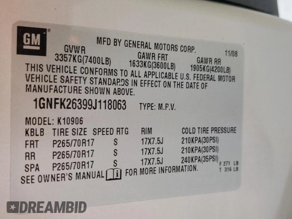 2009 Chevrolet Suburban 2LT с VIN 1GNFK26399J118063, выставлен на аукционе Copart как лот 47014765 с пробегом 239 209 миль миль и Списание • Salvage title. История ставок и продаж доступна на DreamBid. Изображение 13.