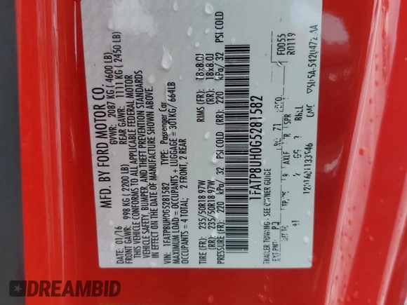 2016 Ford Mustang EcoBoost Premium with VIN 1FATP8UH0G5281582, listed as a Copart auction lot 56775015 with 134,091 mi miles and Salvage title. Bid and sale history available at DreamBid. Image 12.